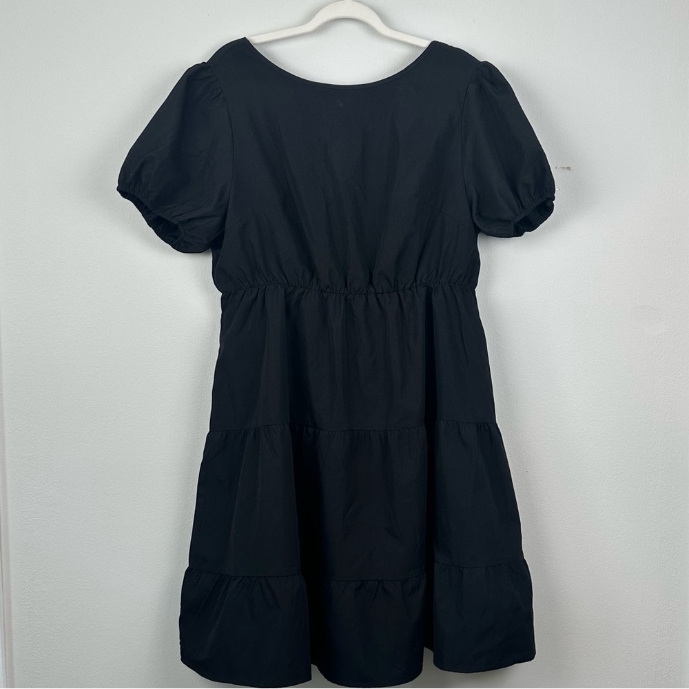 Classic Black Dress w Puff Sleeve Cut-out back Tie, Ruffle Hem Plus Size 1X